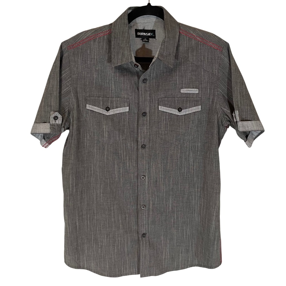 Burnside Mens Short Sleeve Button Down Shirt Grey Slub‎ Textured Red Stitch Med
